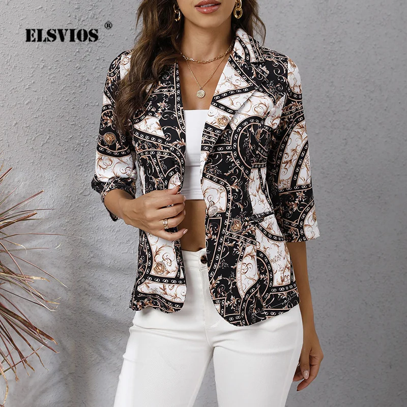 

2021 Autumn 3/4 Sleeve Cardigan Jacket Fashion Printing Button Slim Office Lady Blazer Women Elegant Turn-Down Collar Suit Coats