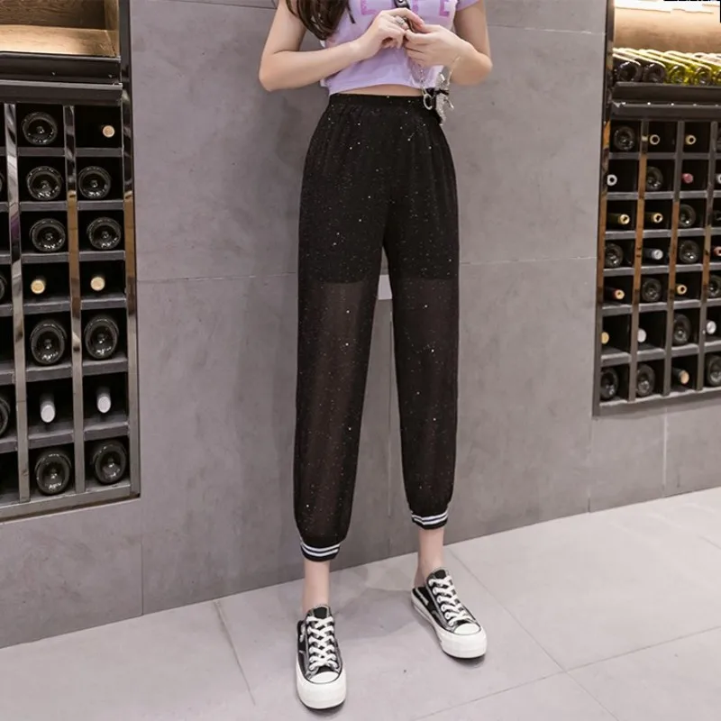 

Women Casual Sweatpants Summer Thin Section Perspective Elastic High Waist Pants Loose Ankle Length Harem Pants Joggers Trousers