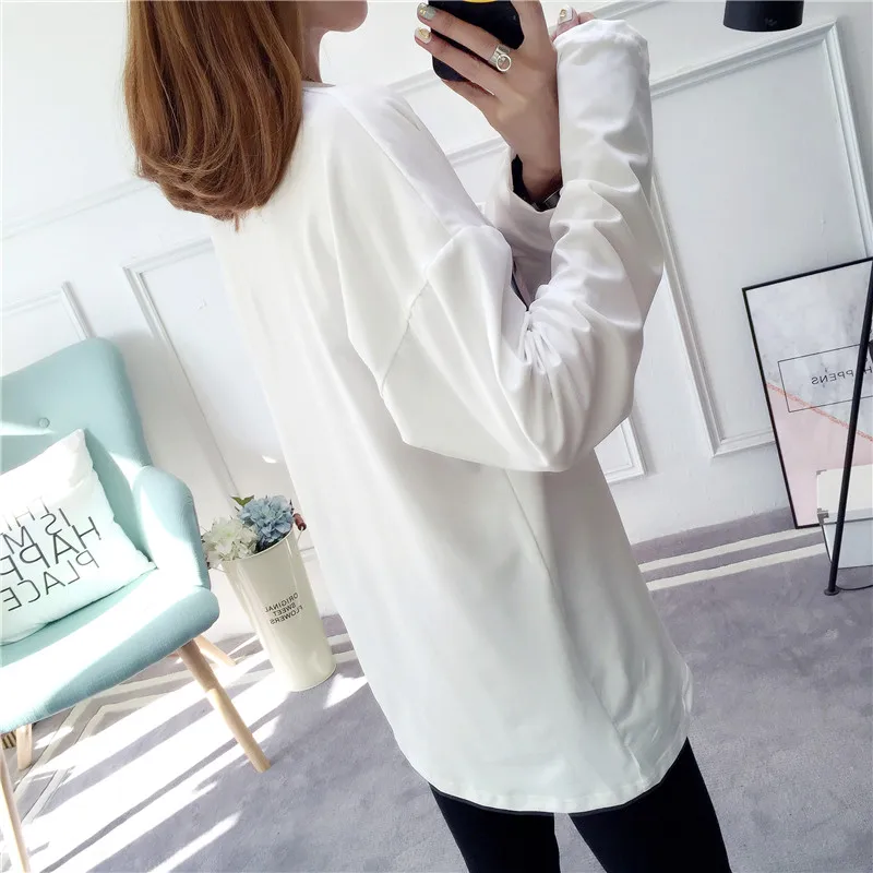 

Korean Leisure Loose T-shirt Women Long Sleeve O-Neck character printing Simple All-match Kawaii Tees basic white tops T-shirts