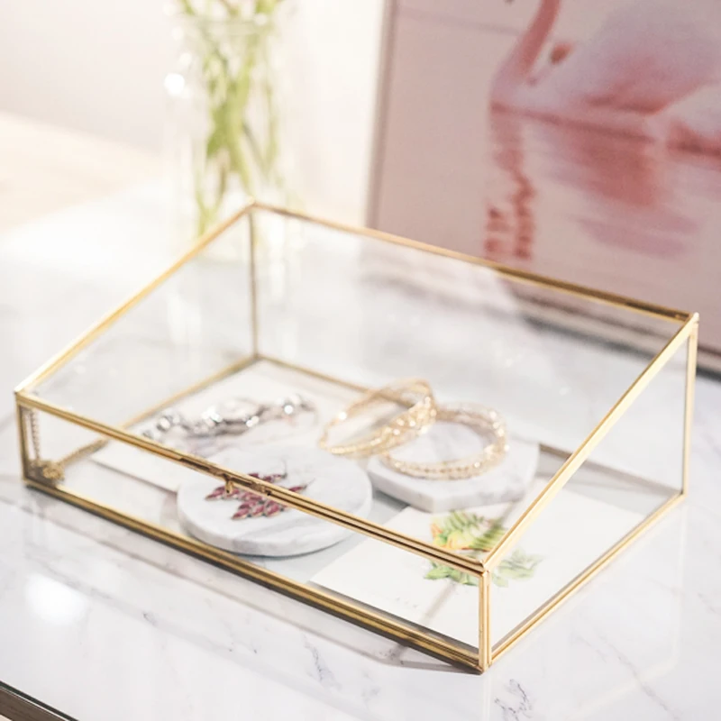 

Trapezoidal Polygonal Vintage Copper Rim Glass Jewelry Box Princess Jewelry Display Decoration Rack