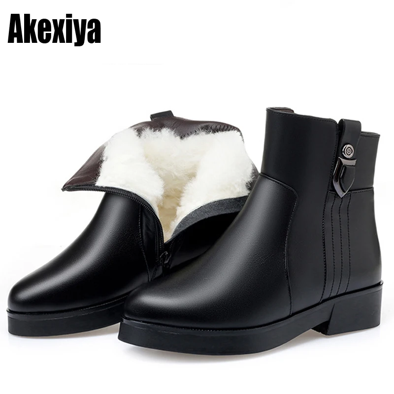 

-30℃ Wool Fur warm Cow Leather ankle boots women winter Genuine Leather Flat platform botas 2021 black Lace up plush snow shoes