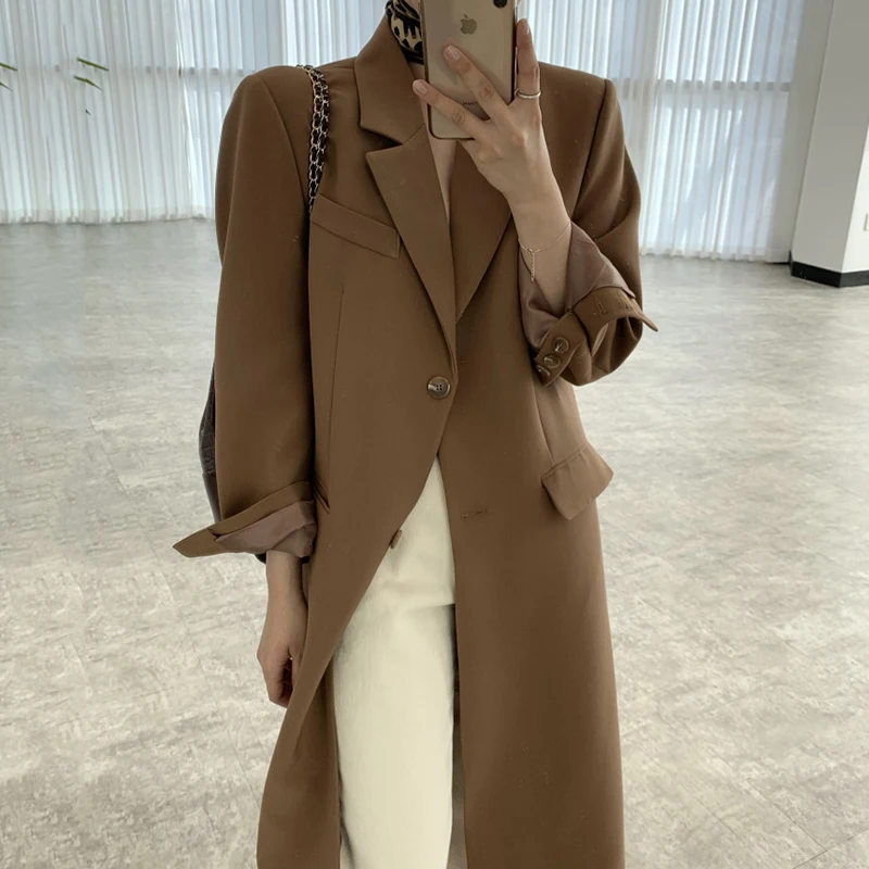 

Women Jacket 2021 Autumn Korean Chic Elegant Temperament Lapel Design Two-Button Loose Long Sleeve Mid-Length Blazers