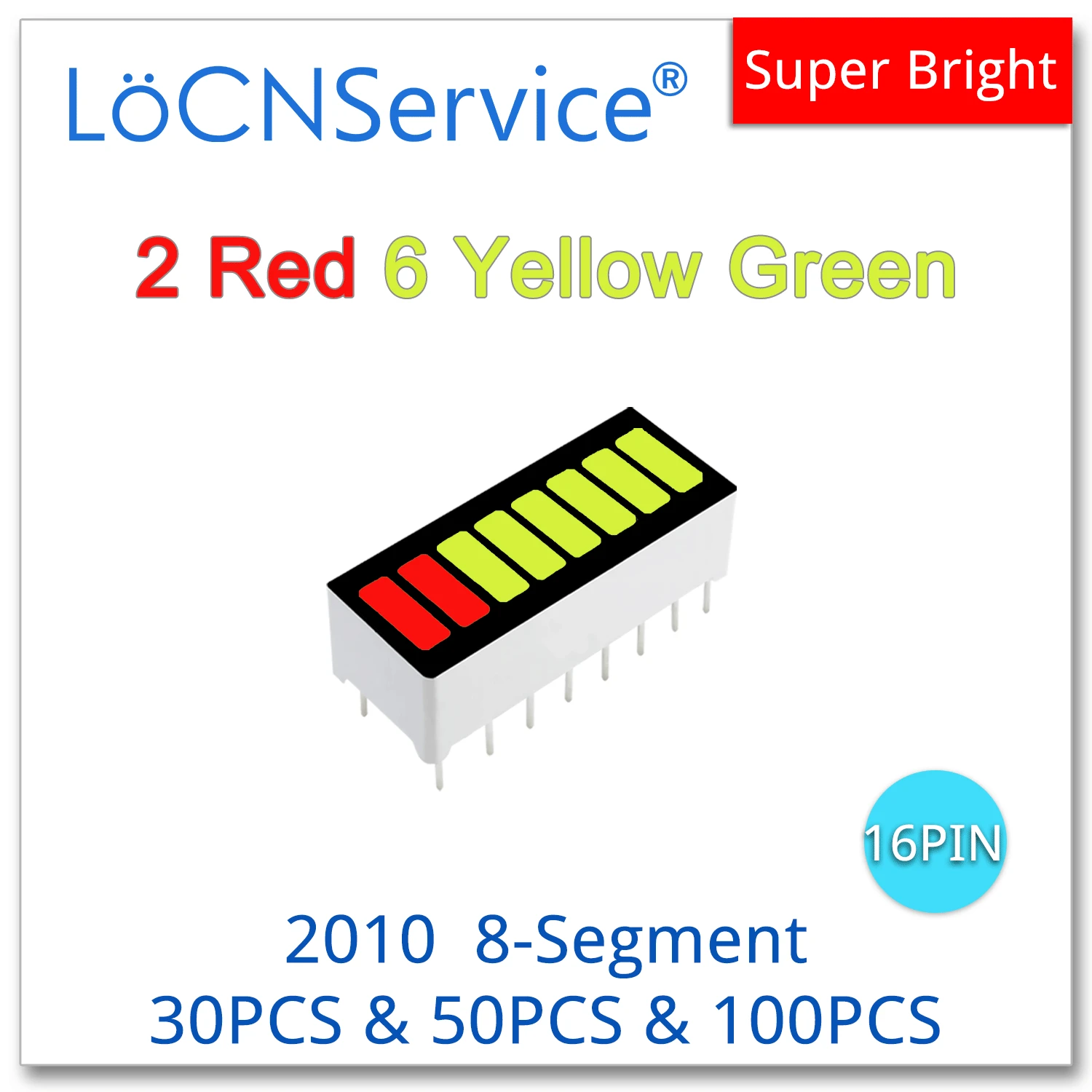 LoCNService 30 шт. 50 100 2 красные 6 желтые зеленые 8-сегментные 2010 DIP16 анодная гистограмма