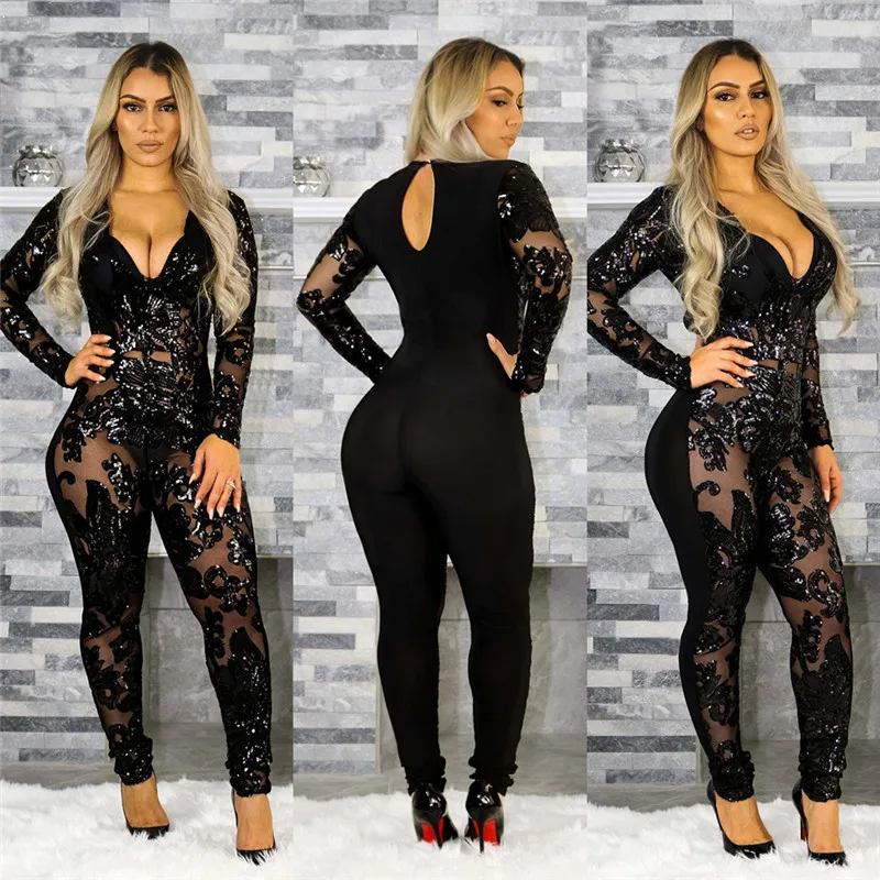 

FIXSYS 2021 Trendy Sheer Mesh Patchwork Sequins Bandage Jumpsuits Sexy Deep V Neck Long Sleeve Skinny Women Rompers Club Wear
