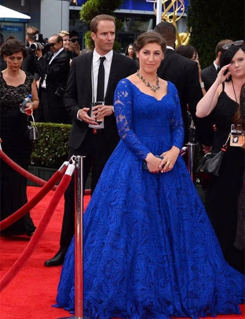 

Royal Blue Celebrity Dresses A-line Sweetheart Long Sleeves Lace Backless Famous Long Formal Red Carpet Dresses