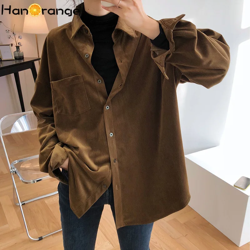 

HanOrange Fog Glossy Retro Corduroy Shirt Women 2021 Winter Loose Long Sleeve Top Female