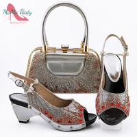 popular new design african women shoes matching bag in silver color fashionable comfortable heels sandals for party