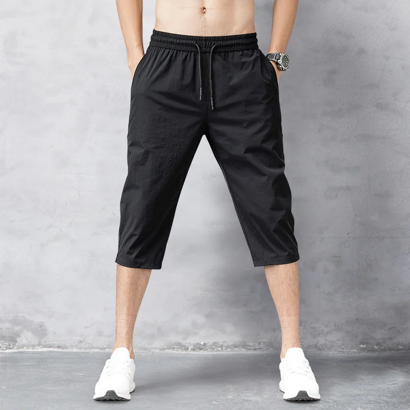 

2021 Men's Shorts Summer Jogger Shorts Thin Nylon 3/4 Length Trousers Male Sweatpants Beach Black Men's Long Shorts