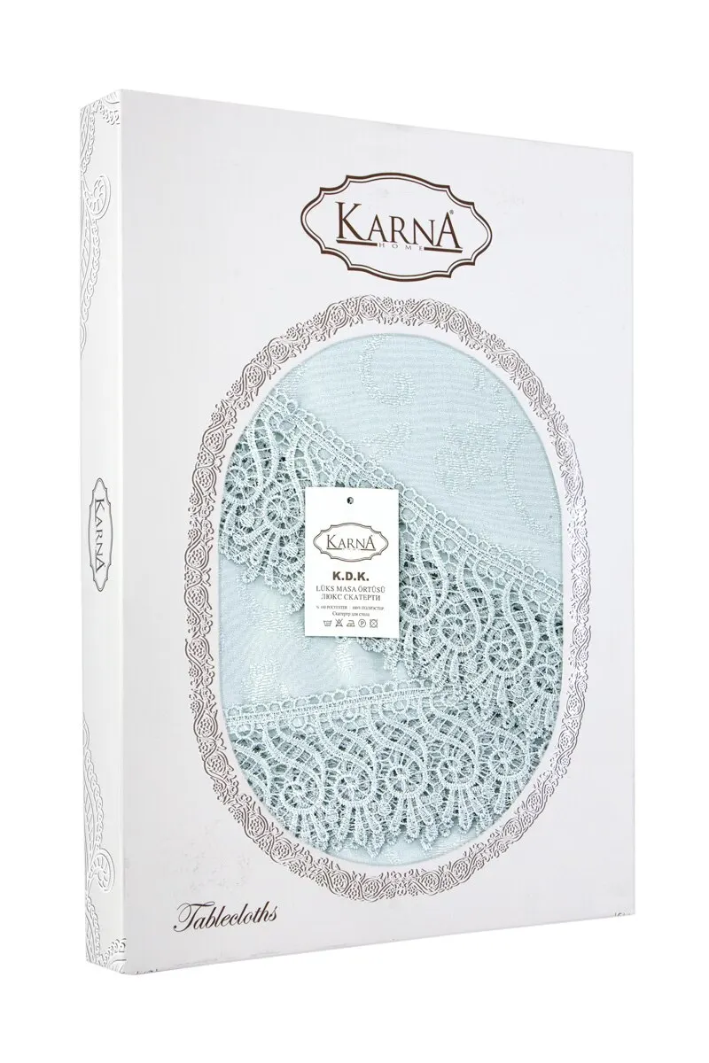 Скатерть &quotKARNA&quot KDK с гипюром овальная 160х280 см цвет ментол | Дом и сад