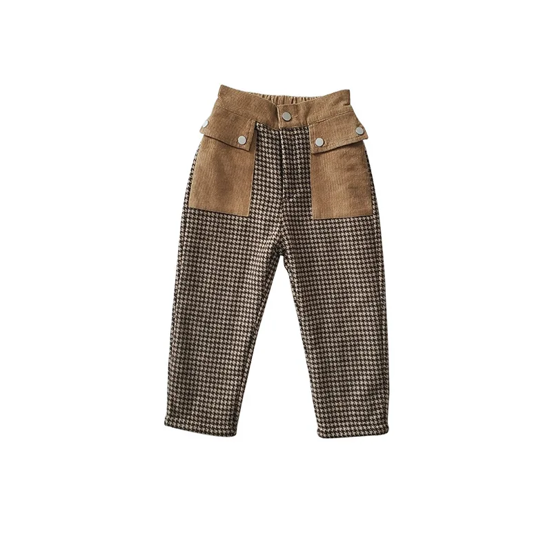 

WLG Girls Pants Kids Trousers Winter Plaid Patchwork Brown Pant Baby Girl Warm Fashion All Match Bottoms for 2-7 Years