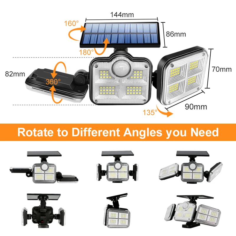

122 LED Solar Lights Outdoor 3 Head Motion Sensor 270 Wide Angle Illumination Super Bright Waterproof Remote Control Wall Lamp