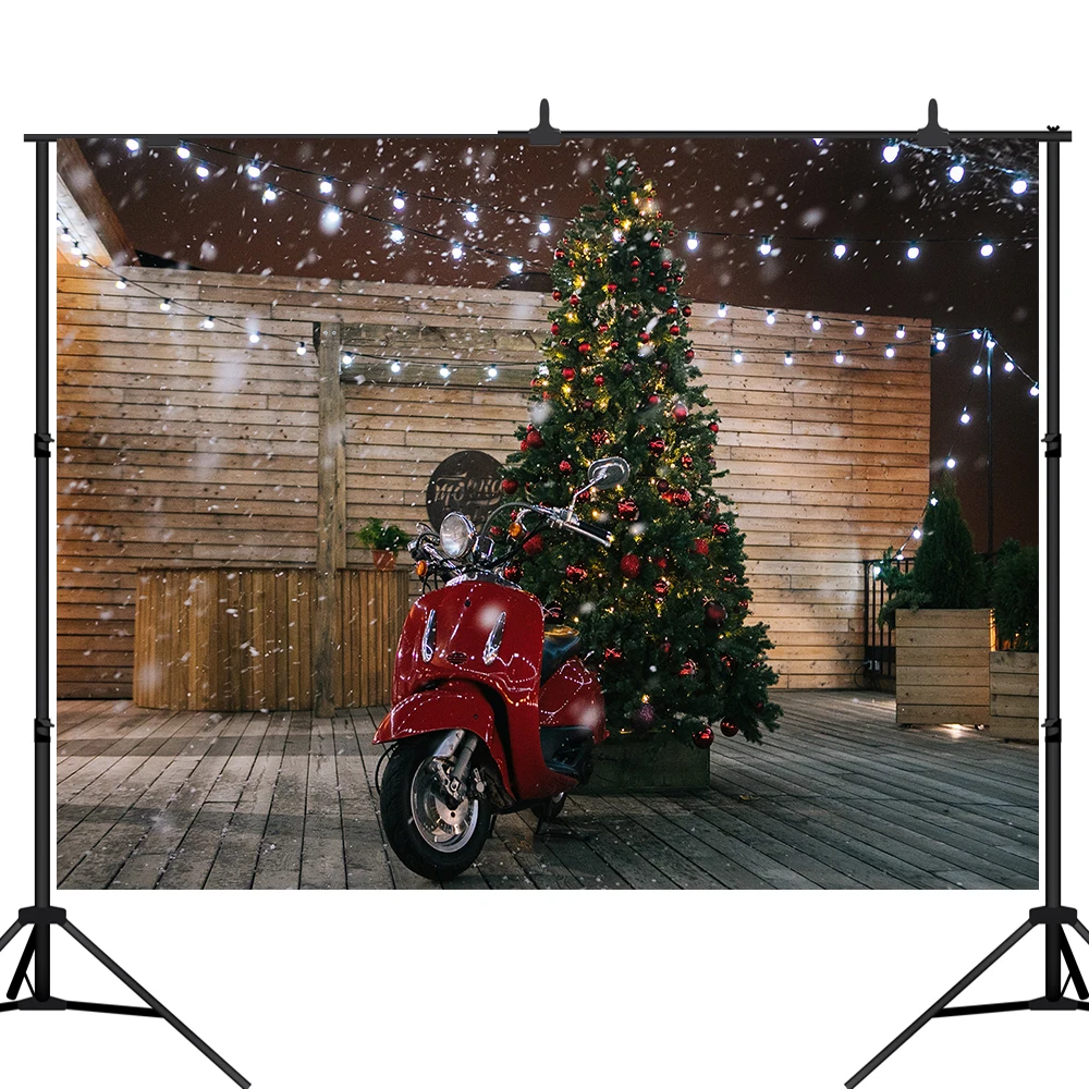 

Lyavshi Winter Christmas tree Background Photography Red Motorcycle wooden wall Falling Snowflakes Snow Kids Photo Backdrop