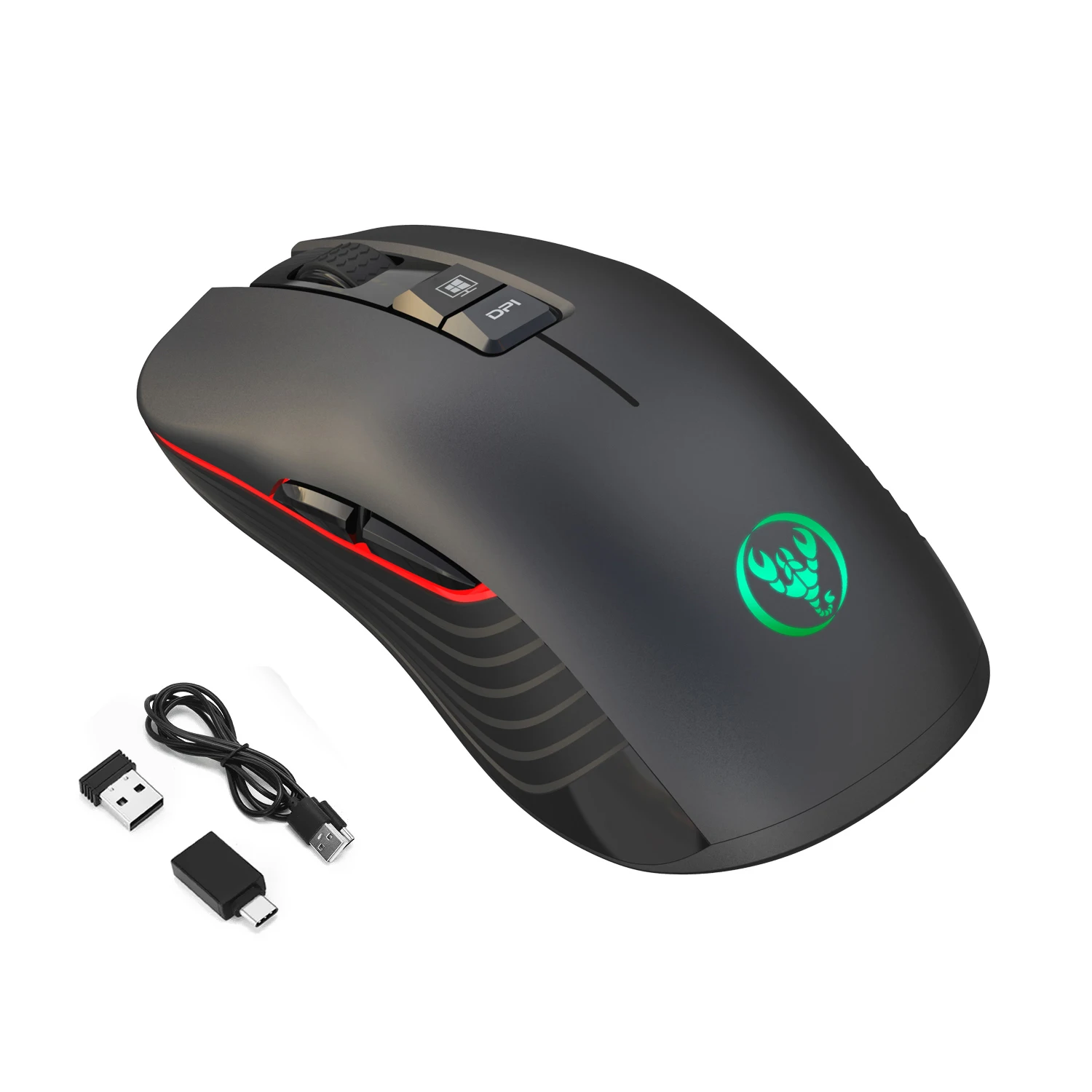 HXSJ-ratón inalámbrico para juegos T30, Mouse recargable con retroiluminación ajustable de 7 colores, 3600 DPI, con adaptador de TYPE-C
