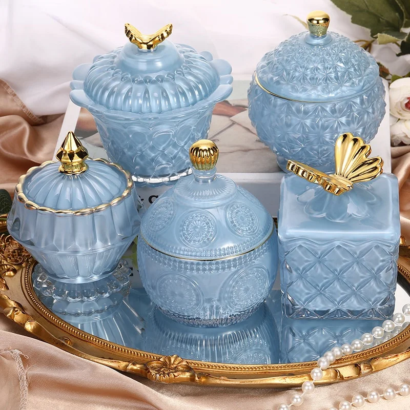 

Blue Relief Glass Storage Jars and Lids Dressing Table Jewelry Boxes Cosmetic Jar Desk Decor Multiple Styles Crystal Candy Pots
