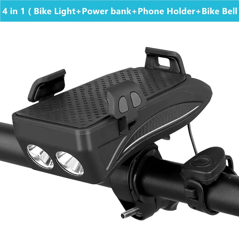 

4 in 1 Bike Light Front Handlebar Light Phone Holder with Power Bank Bicycle Light Bike Bell Lamp Flashlight for MTB Bike