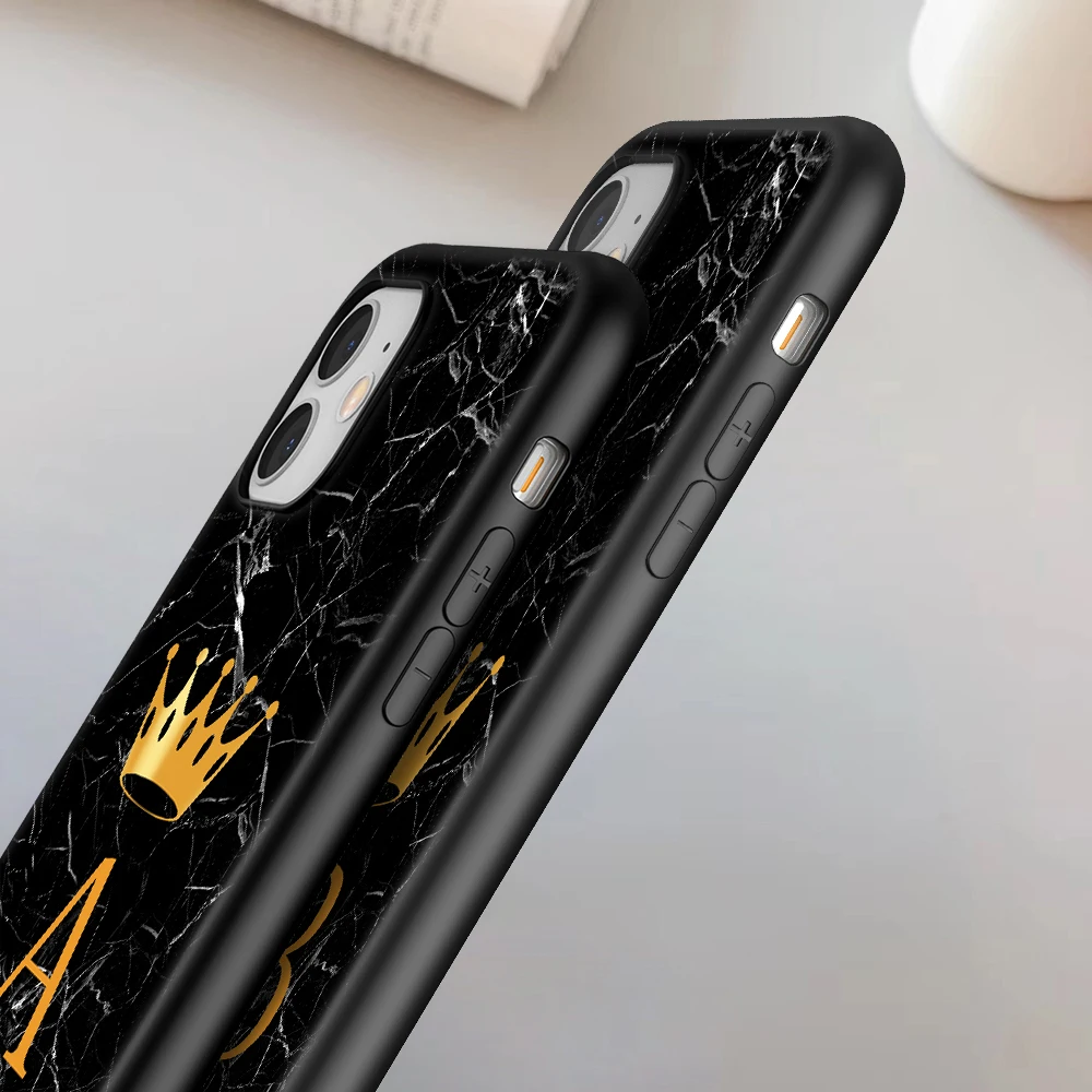 Marble Initial Letter Case For iPhone 11 12 Mini Pro Max Crown Couples For iPhone 7 8 Plus SE 2020 X XR XS Max Soft Phone Cases