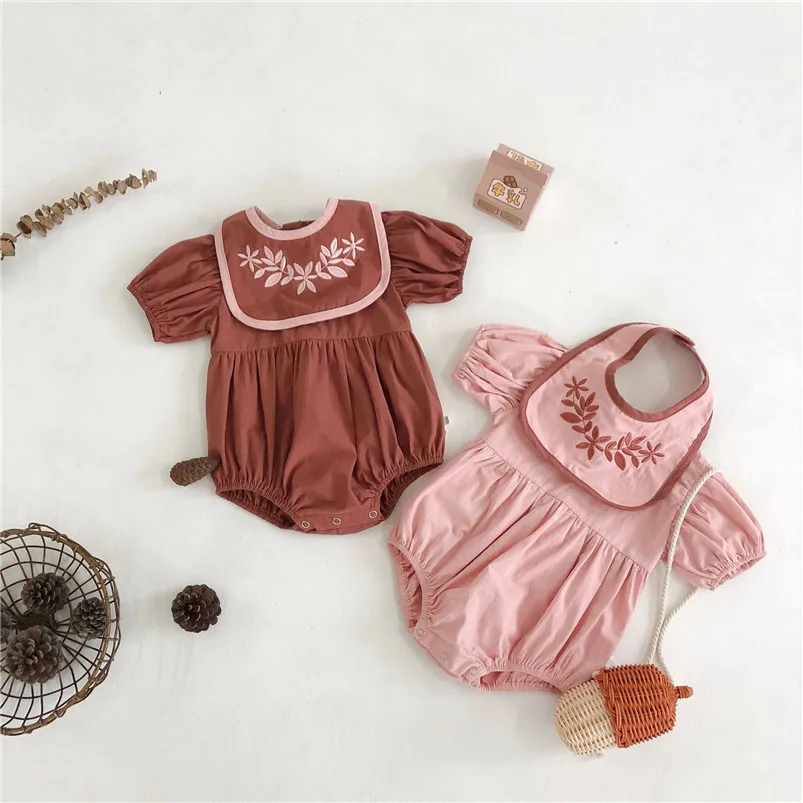 

Vintage floral embroidery short sleeve romper newborn baby girls jumpsuit infant kids bodysuit for girls clothing set children