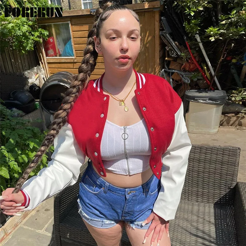 

FORERUN Cropped Baseball Jacket Women Patchwork PU Long Sleeve Varsity Jackets Single Breasted Fall Winter Tops Hot Sales!