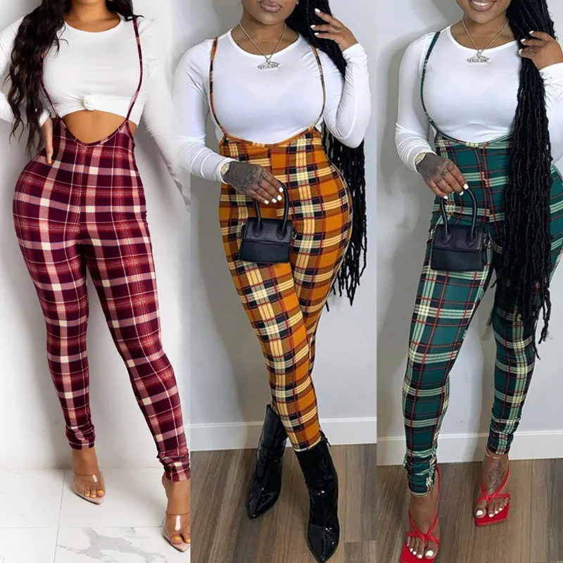 

Hirigin women suspenders strap plaid pants high waist pattern jumpsuit overalls office lady slim fit pencil pants one piece