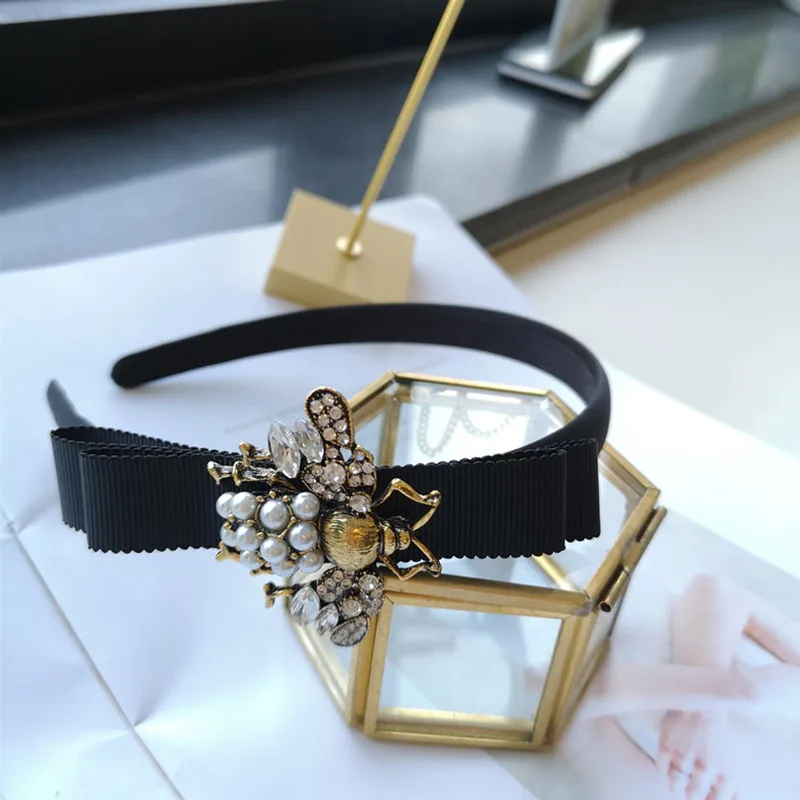 

New Korea Bee Black Fabric Hairband Women Alloy Rhinestone Pearl Vintage Hair Accessories Bow Luxury Lady Headband Headdress