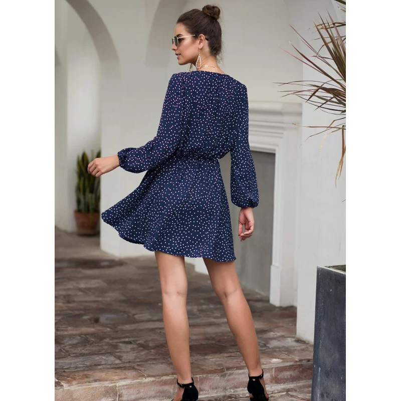 

Elegant Women Polka Dot Printing Long Sleeve Dress 2021 Summer New Sexy Fashion Lace Up V-neck Casual High Waist Mini Dresses