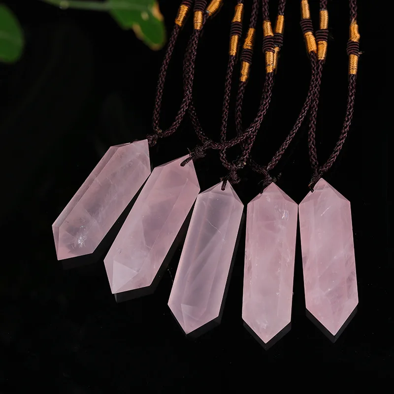 Natural Rose Pink Quartz Double Point Pendulum Pendant Chakra Gemstone Healing Crystals Necklace