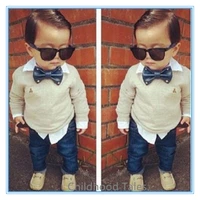 handsome boy children fashionable clothing fake bow tie 2 piece long sleeve denim suit jeans clothes