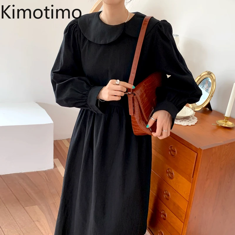 

Платье женское в Корейском стиле Kimotimo, с пышными рукавами, с воротником в стиле Питера Пэна, с высокой талией, однотонное, длинное, на осень
