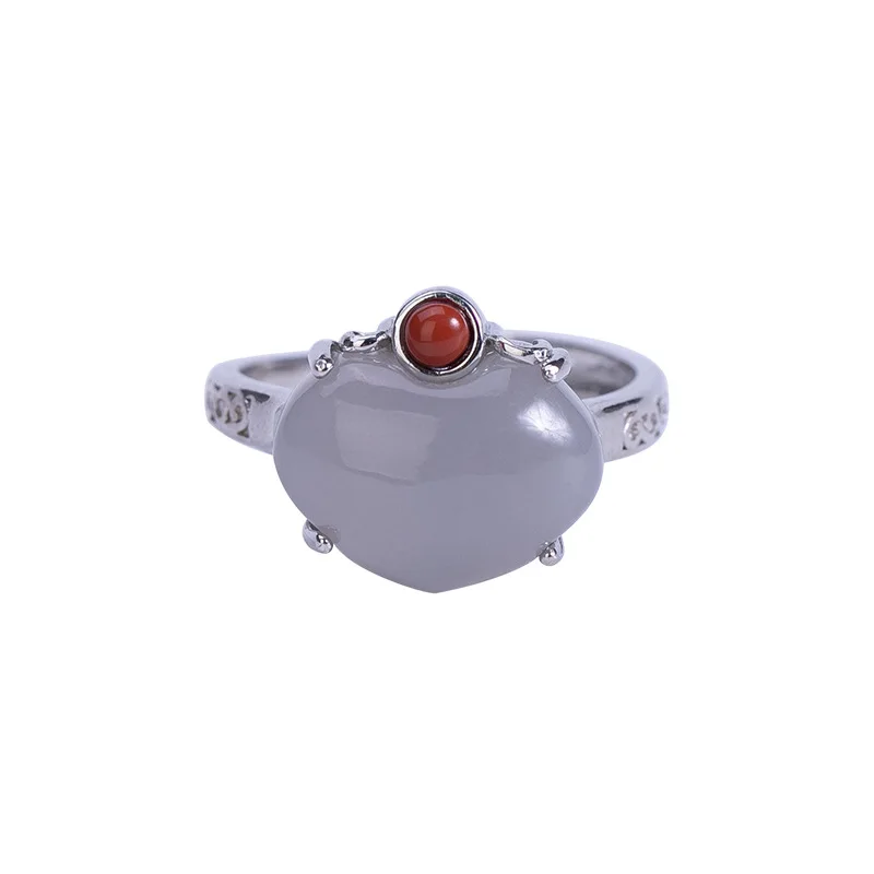 

S925 sterling silver Hetian gray jade smoke mauve jade ring retro personality peach women's opening ring bracelet