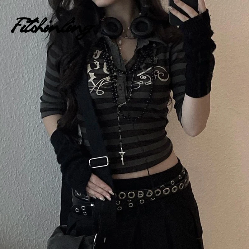

Fitshinling Goth Tees Striped Button Turn-Down Collar Three Quarter Printed Letter T-shirt Sheath Gothic Cropped Top Dark Grunge