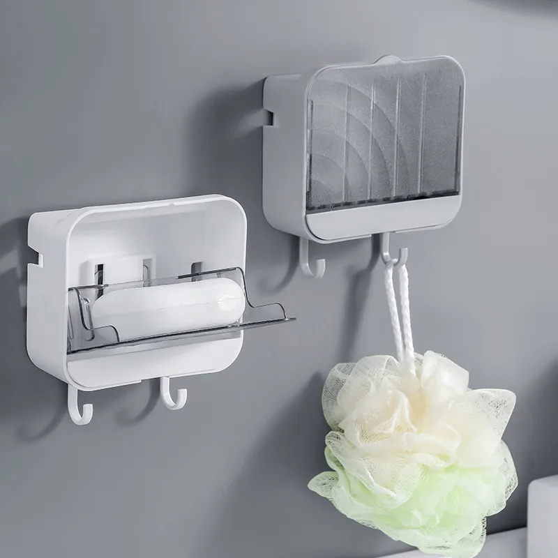 

Clamshell Soap Box Wall-mounted Bathroom Punch-free Drain Storage Rack With Hook Function Mobile Phone Holder Design Home Gadget
