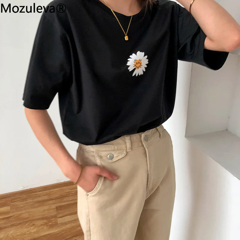 Женская хлопковая футболка с коротким рукавом и принтом смайлика 2021 | одежда