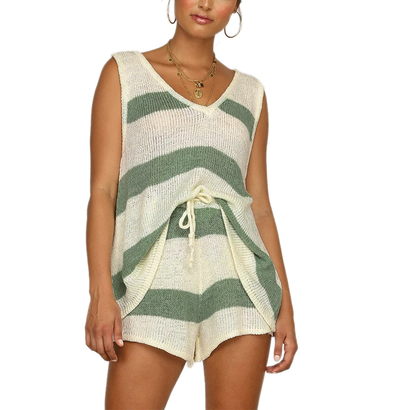 

2021 Ladies Suit Striped V-neck V-neck Vest and Shorts Summer Suit 2-piece Set Fashion Ladies