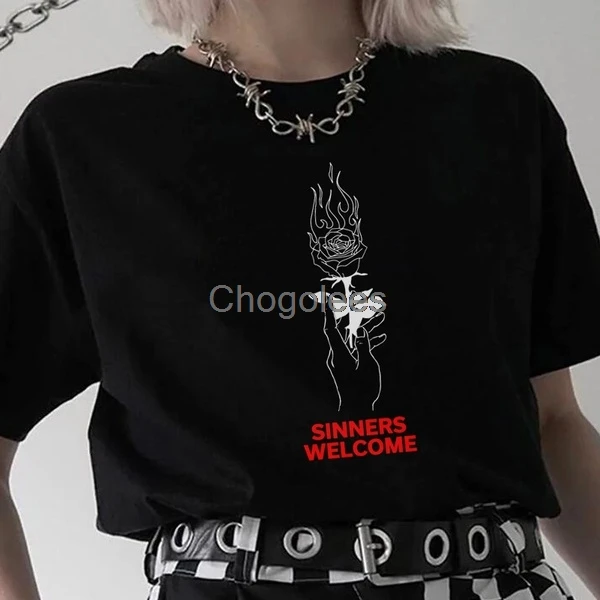 Футболка женская готическая с принтом огненная Роза | Мужская одежда