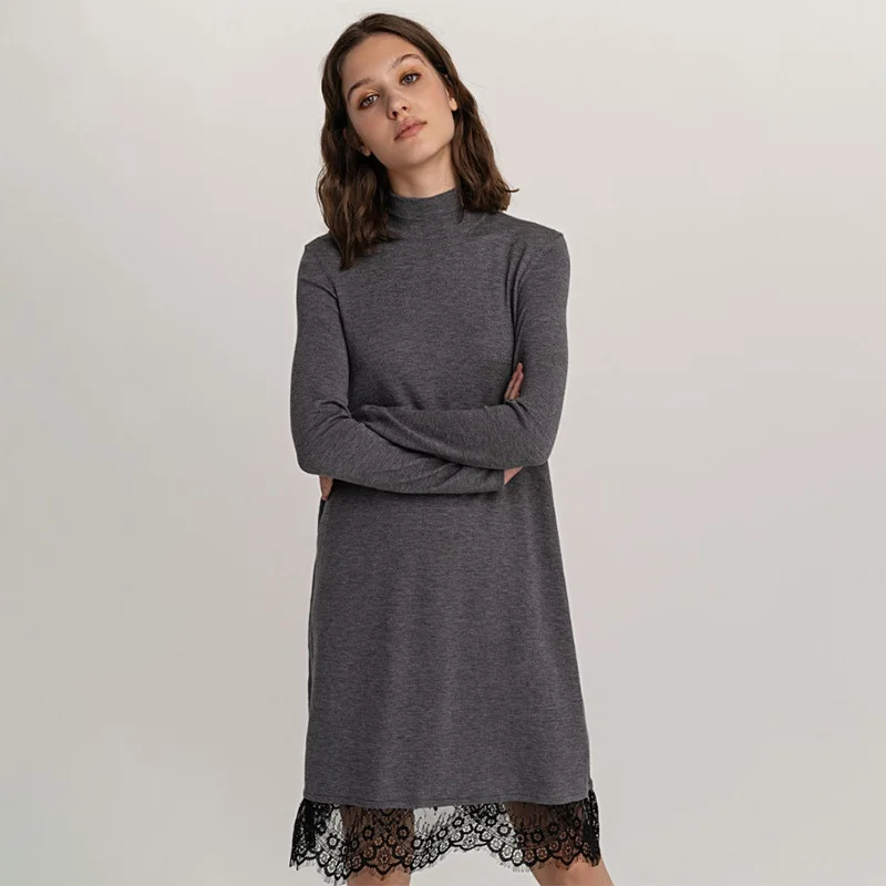 Женское повседневное кружевное лоскутное зимнее платье с длинным рукавом и