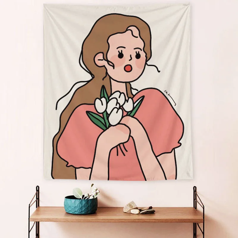 

Girl hanging cloth Nordic illustration printed wall cloth student dormitory bedroom decoration tapestry background cloth