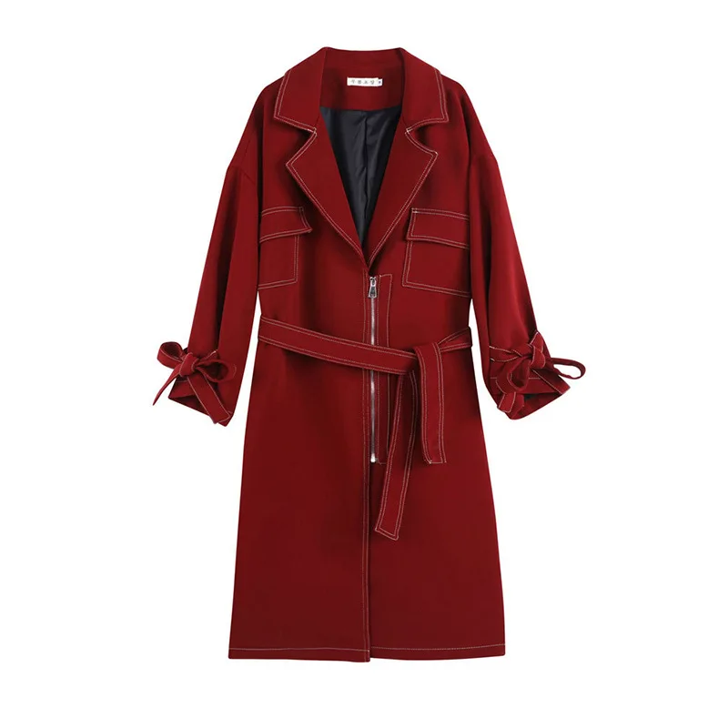 

LANMREM 2021 Autumn And Winter Turn-down Collar Warm Lace Up Overcoat Red OL Style Over The Knee Trench Coat For Women 2A2078