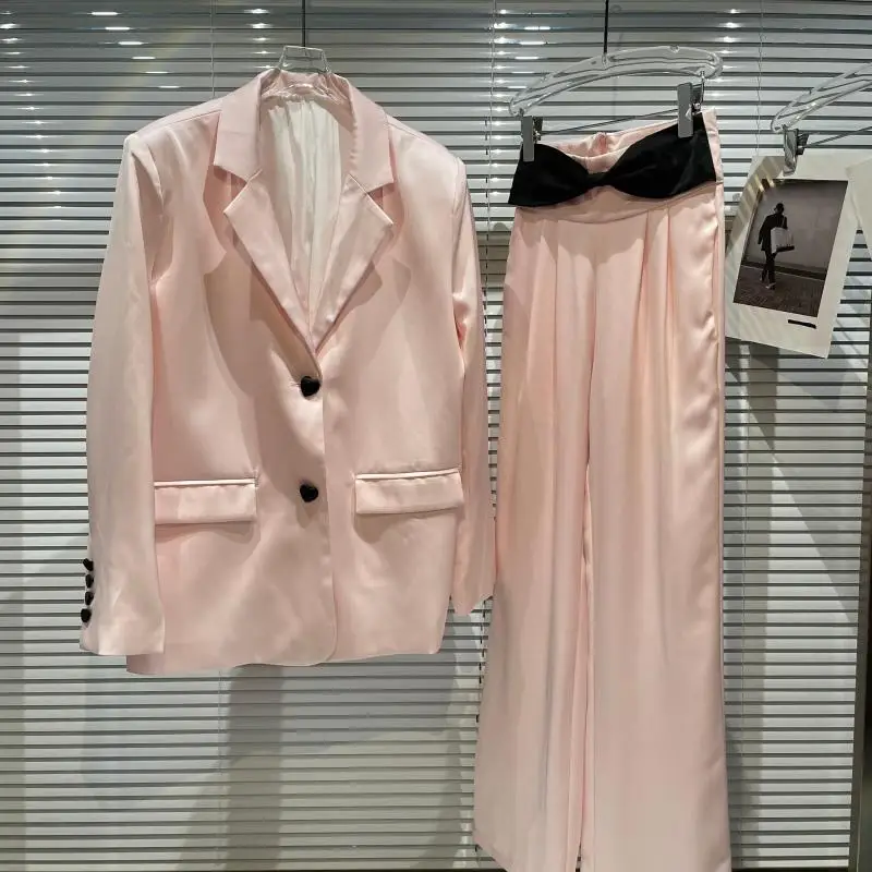 

Trendy Women's Long Sleeve Blazer Jacket + Bowknot Decorated Waist Suit Pants Office Lady Sweet Suit Sets