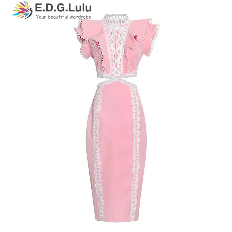 

Модная роскошная дизайнерская одежда EDGLuLu, женское ажурное светло-голубое платье миди с высокой талией, элегантное кружевное лоскутное роз...