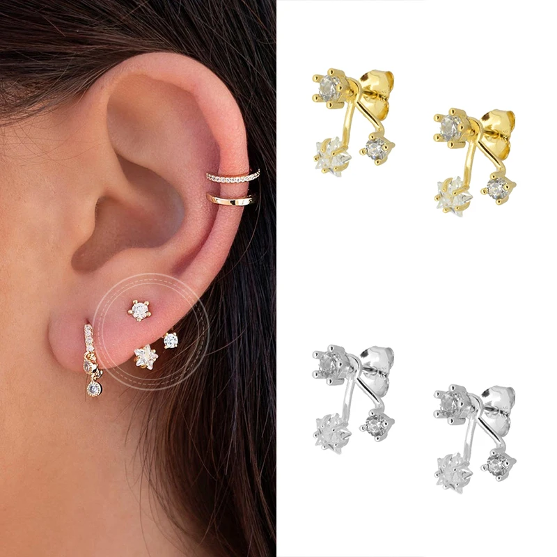 

925 Silver Ear Needle Fine Star Long Stud Earring for Women Clear Zircon CZ Fashion Fine Jewelry Line Star Crystal Jewelry Gift