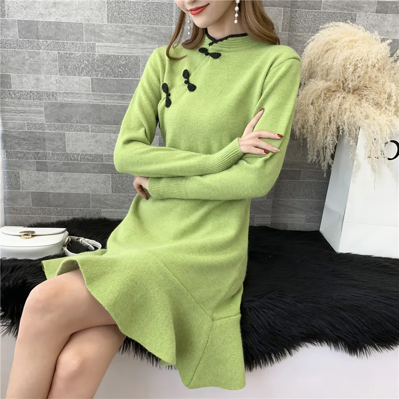 

2021 Lady Autumn New Women's Long Section Diagonal Buckle Cheongsam Full-sleeved Sweater Female Sweater Fishtail Pullover