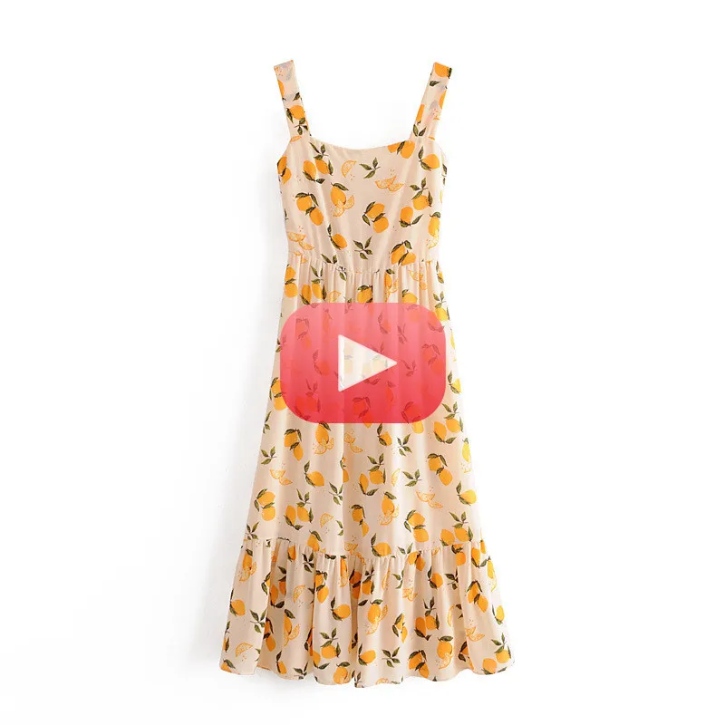 

Merodi summer women vintage french style high waist lemon print long dresses chic lady pleated slim sling dress vestido de mujer
