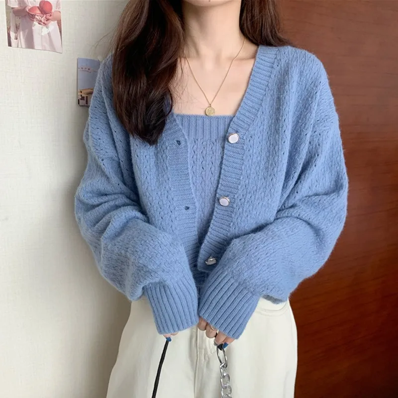 

2 Piece Sets Women Casual Sweater Coats New 2021 Autumn Korean Style All-match Ladies Knitted Camisole And Cardigans T066
