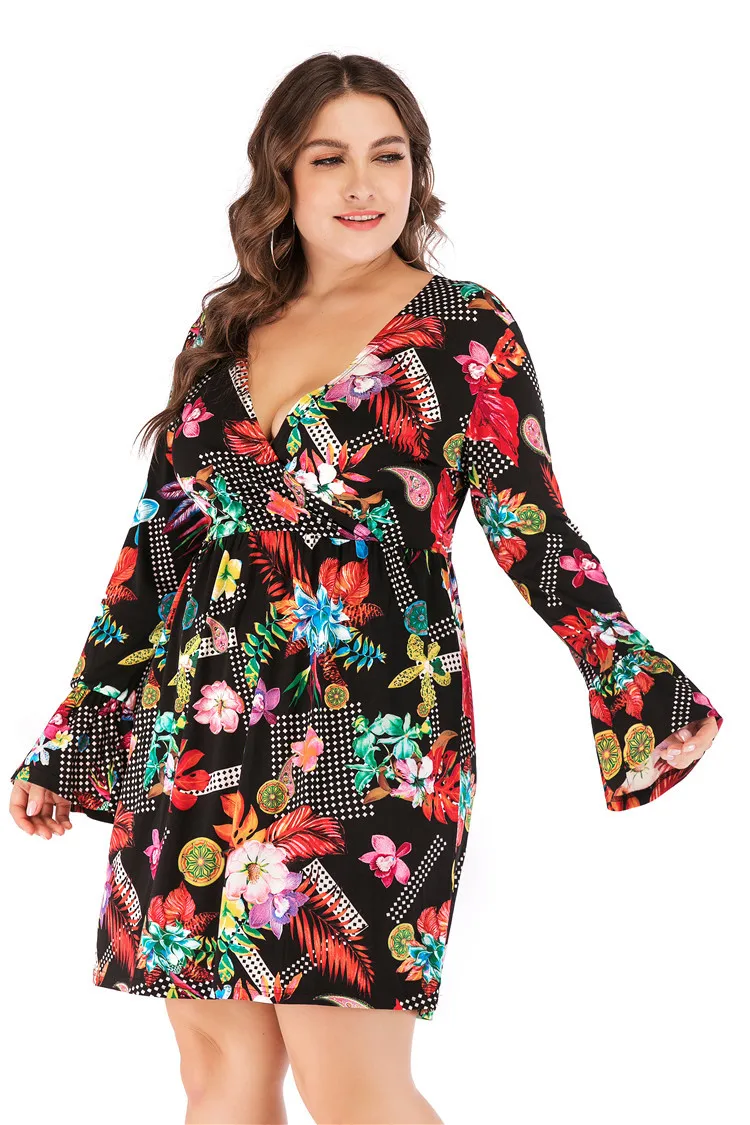 Новинка осени 2019 года платье с цветочным принтом и сексуальным v образным вырезом