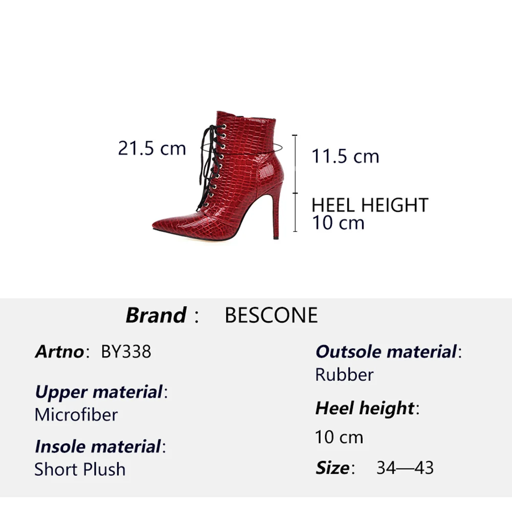 BESCONE/женские ботильоны Сезон Зима Цвет Красный Обувь на тонком каблуке с острым