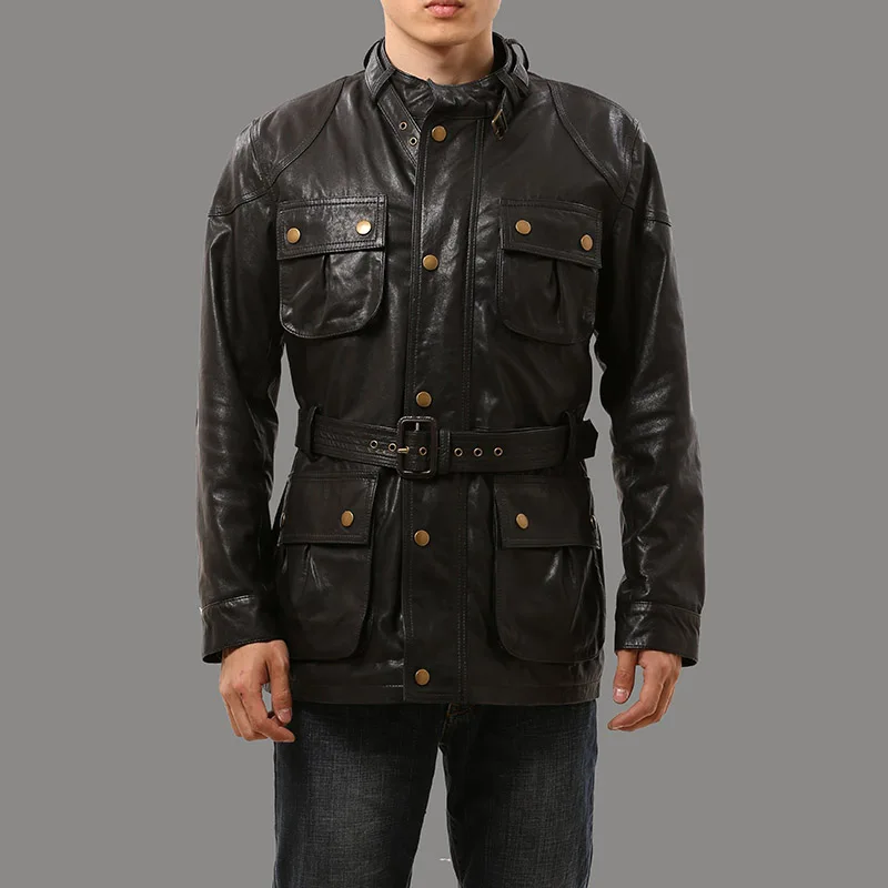 

0909 Big US Size Genuine Sheep Skin Leather Jacket Mens Long Casual Leather Jacket