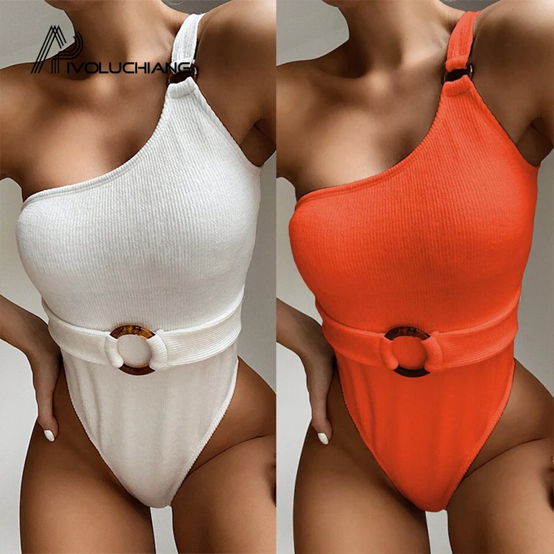 

Sexy Solid Swimsuit One Piece Women Swimweaar Ribbed One Shoulder Bodysuit Swimming Suit Vintage Women Monokini Bathing Suit