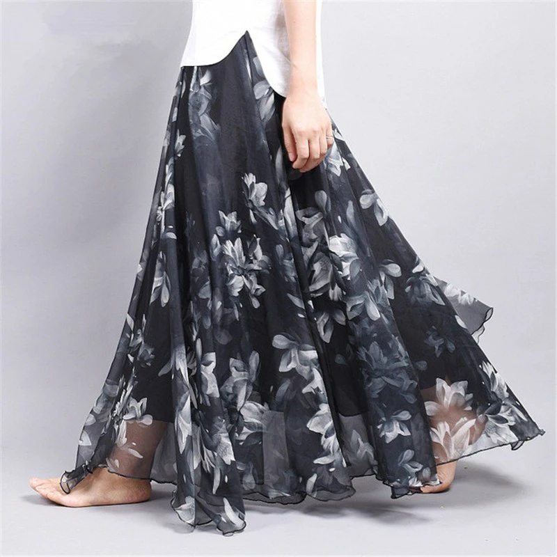 

Bigsweety Vintage Women Retro Beach Chiffon Skirt Large Umbrella Bohemian Skirt Summer Ankle-Length Lady Print Skirts
