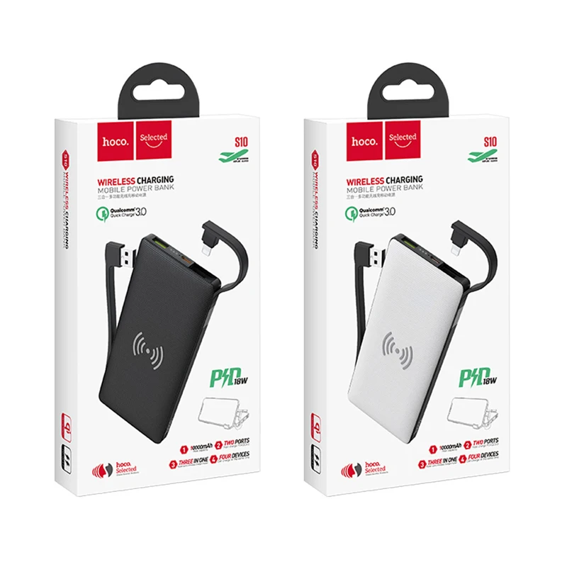 Hoco 3в1 QC3.0+ PD 18 Вт power Bank 10000 мА-ч, беспроводное зарядное устройство power bank с кабелем для iPhone X 11 Pro HUAWEI mate 30 быстрое зарядное устройство
