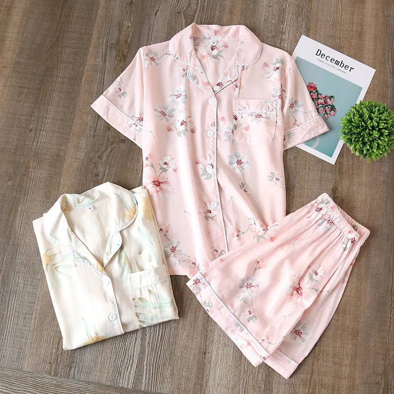 Summer Woman Pajamas Set Cotton Silk Short Sleeve with Shorts Thin  Person Cotton Sleepwear Woman's Cardigan Casual Home Wear